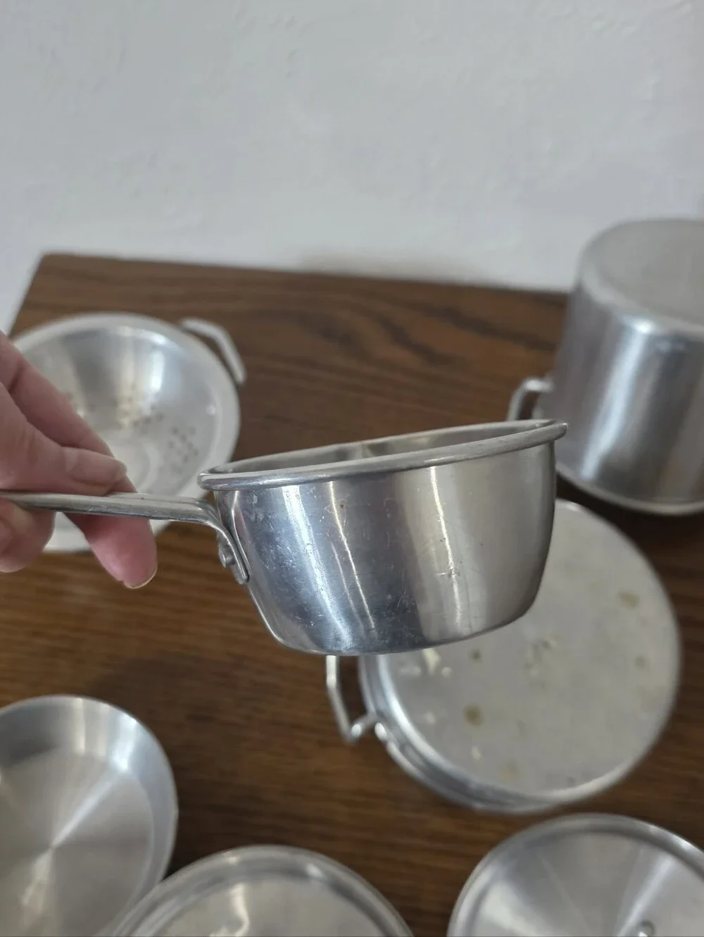 Vintage Miniature Metal Toy Cookware Set Aluminum Child Toy Pots Pans Colander